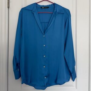 Zara Women’s Blue Satin Button Up Blouse